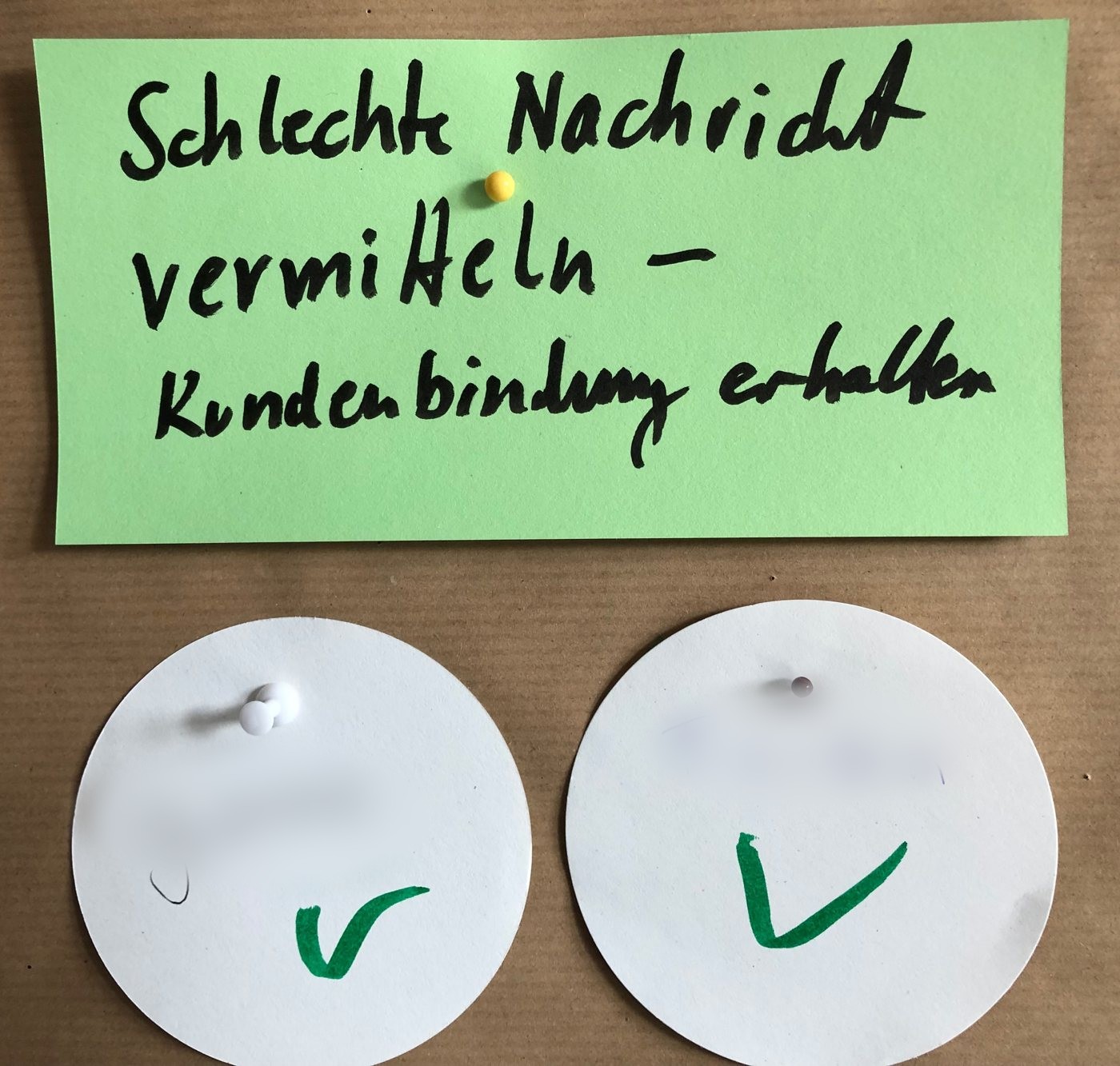 Grüne Karte: Schlechte Nachricht vermitteln – Kundenbindung erhalten, darunter zwei Kreise mit Haken